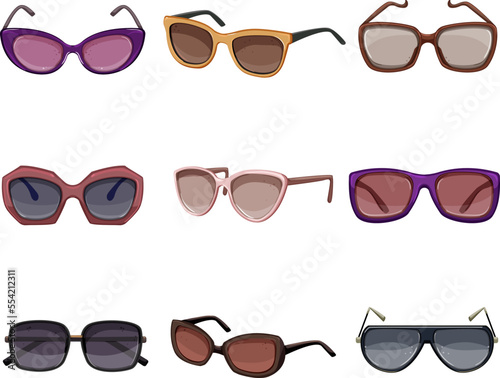 sunglasses women set cartoon. female summer, girl style, young lifestyle, stylish model, beauty sunglasses women vector illustration