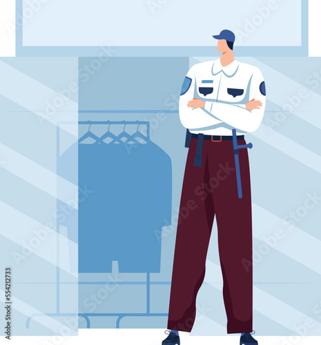 Guard clothing store, risk prevention, prevent scan, magnetic security detector, design, cartoon style vector illustration.