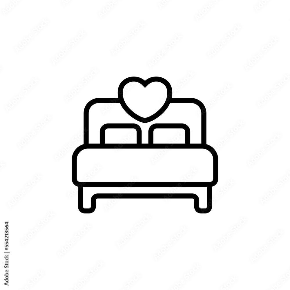 Bed line icon. Heart, bed, couple, love, family, sleep, rest, night, room, bedroom, hotel, pillow, blanket, martas, lie. Relationship concept. Vector black line icon on white background Bed line icon. Heart, bed, couple, love, family, sleep, rest, night, room, bedroom, hotel, pillow, blanket, martas, lie. Relationship concept. Vector black line icon on white background