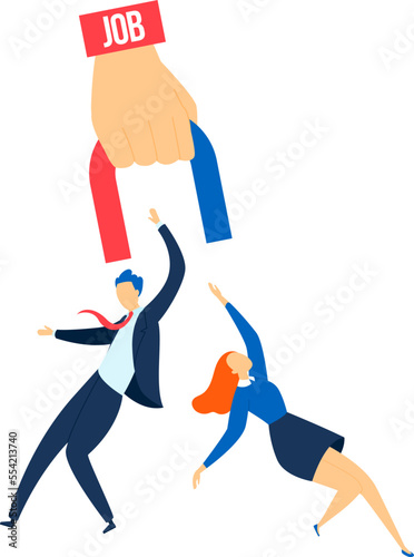 Magnet work people pulls, businessman concept, manager success, horseshoe man attraction, design, flat style vector illustration.