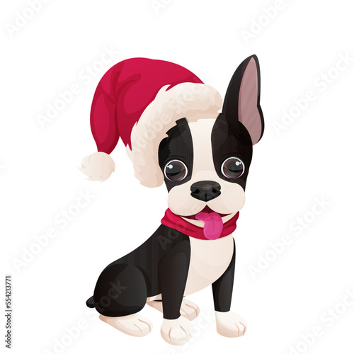 Cute Boston terrier sweet puppy with Christmas hat sitting in cartoon style isolated on white background. Cute dog, print design