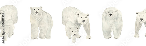 Polar bear border. Watercolor border isolated on white background. Cute wild bear border. Picture. Image