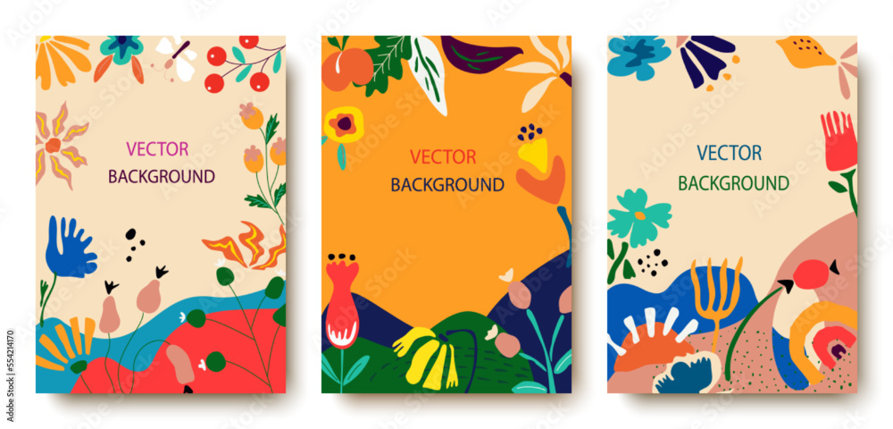 Set of bright abstract cards with tropical leaves. Creative doodles of various shapes and textures. Vector illustration ideal for prints, flyers, banners, cards, invitations.