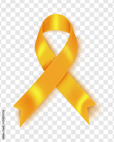 Realistic gold ribbon, childhood cancer awareness symbol, isolated over transparent background, vector illustration