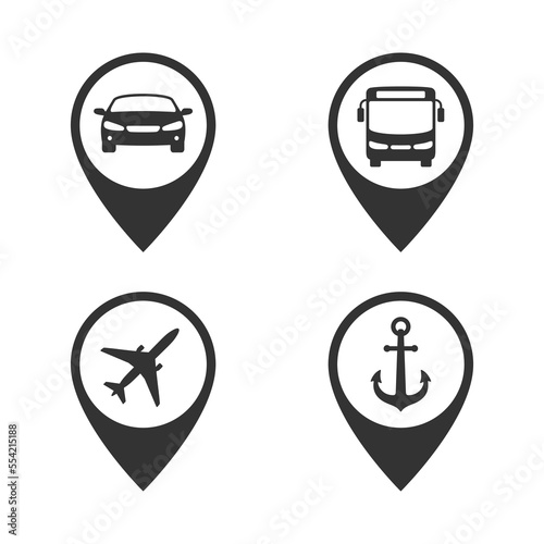 Pointers of map with transport graphic icon set. Car rent or taxi, bus stopped, airport and seaport isolated signs on white background. Vector illustration