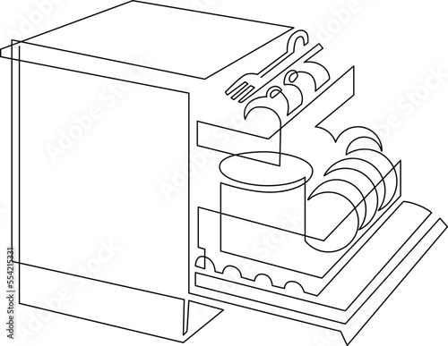 Dishwasher with open door and dishes inside. Humorous illustration. Vector continuous line drawing isolated on white background.