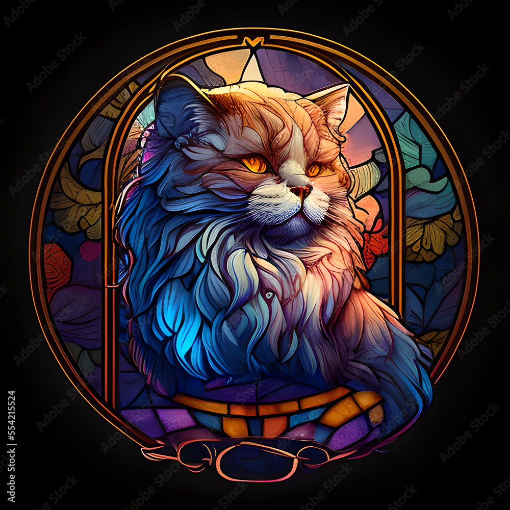 AI-generated illustration of a Persian cat in a stained glass/mosaic ...