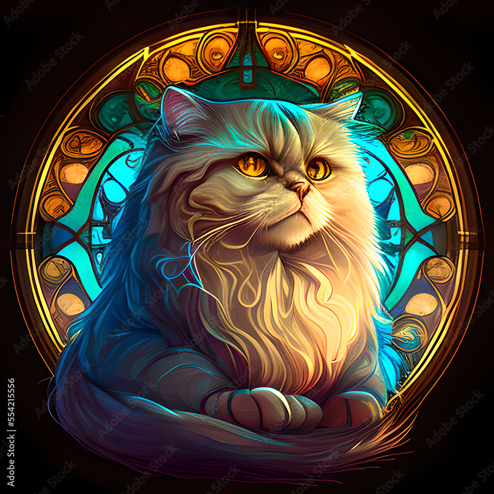 AI-generated illustration of a Persian cat in a stained glass/mosaic ...