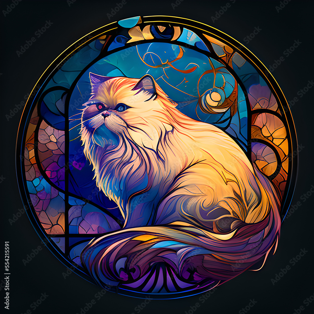 AI-generated illustration of a Persian cat in a stained glass/mosaic ...