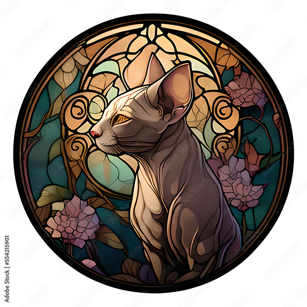 Ai Generated Illustration Of A Sphynx Bald Cat In A Stained Glass Mosaic Frame In The Style Of