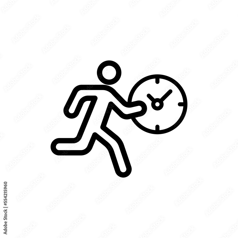 Man with clock line icon. Run, speed, time, meeting, event, business, work, be late, hurry, rush, urgent, fast, deadline. Business concept. Vector black line icon on white background Man with clock line icon. Run, speed, time, meeting, event, business, work, be late, hurry, rush, urgent, fast, deadline. Business concept. Vector black line icon on white background