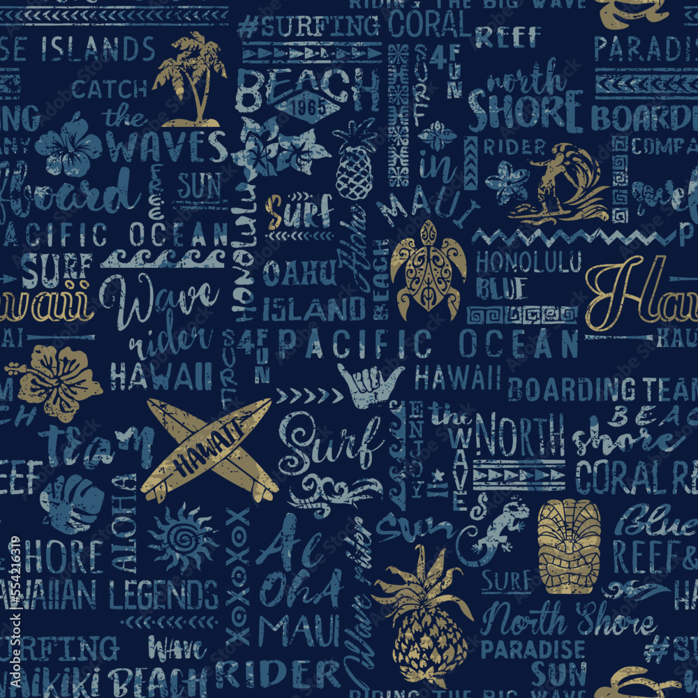 Tribal surfing symbol elements Hawaiian islands wallpaper vector seamless pattern grunge effect in separate layer