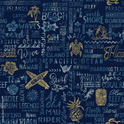 Tribal surfing symbol elements Hawaiian islands wallpaper vector seamless pattern grunge effect in separate layer