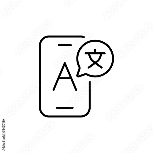 Translator and phone line icon. Translation, text, letters, smartphone, communicative communication, languages, online service, app. understanding concept. Vector black line icon on white background