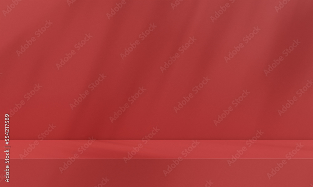 Red podium or stage in the red room, Minimal background for Christmas or Valentines day, 3d rendering studio with geometric shapes. Cosmetic product display.