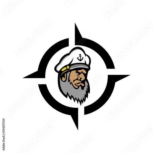 Bearded ship captain or skipper with a pipe and peaked cap for marine nautical logo design for sailor