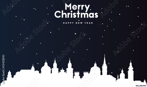 Christmas and New year dark blue greeting card with white panorama of Salzburg