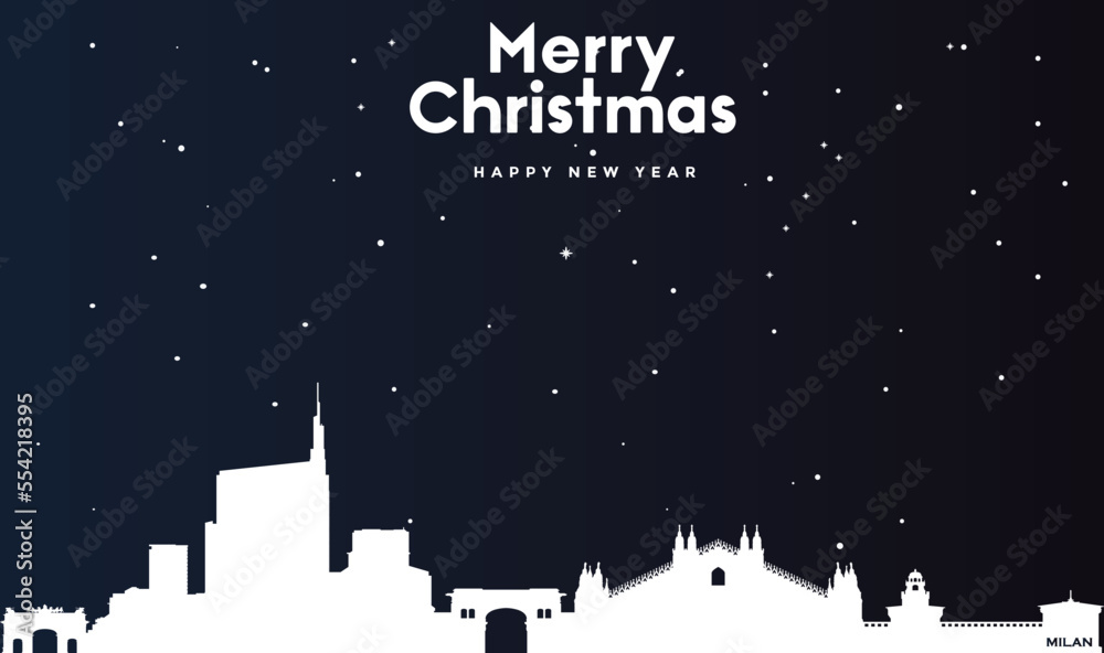 Christmas and New year dark blue greeting card with white panorama of Milan