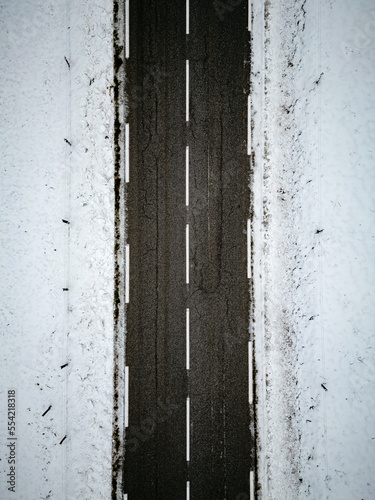 drone view of a snowy road