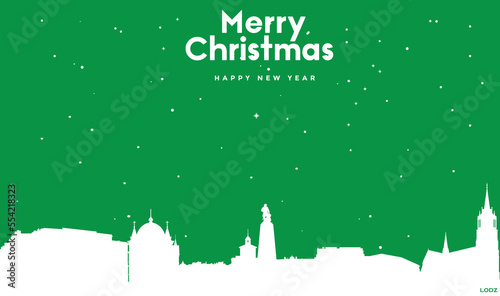 Christmas and New year green greeting card with white panorama of Lodz
