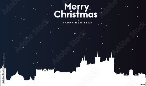 Christmas and New year dark blue greeting card with white panorama of Lyon