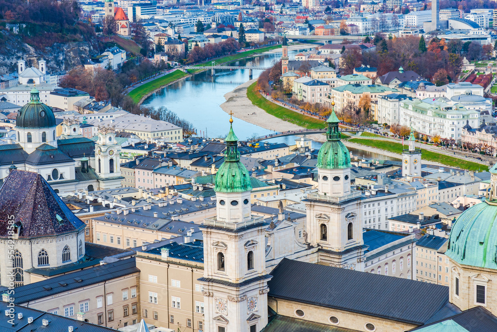Aerial view of Salzburg old town from Hohensalzburg Fortress walls, Austria