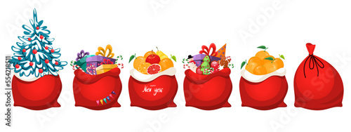 A set of Santa Claus bags.Christmas bag with gifts, Christmas tree, oranges, tangerines.An element of New Year greetings. Vector illustration.