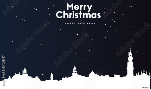 Christmas and New year dark blue greeting card with white panorama of Porto