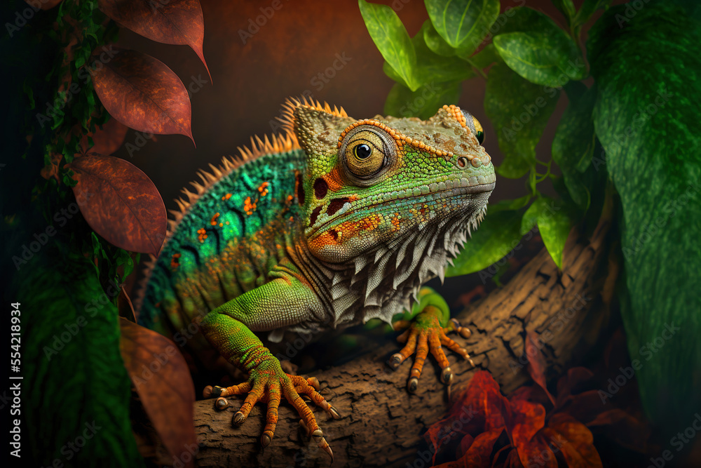 Fototapeta premium Lizard, dragon, Chameleon, Indo-Chinese Forest Lizard , Indo-Chinese Bloodsucker. Digital art