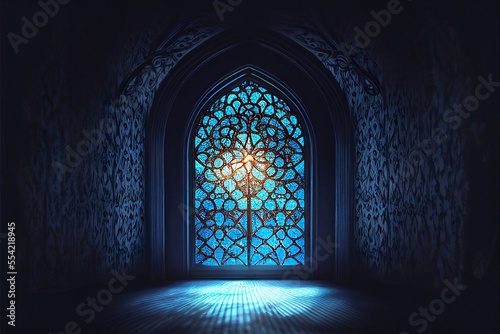 blue light shines through a window in a dark room