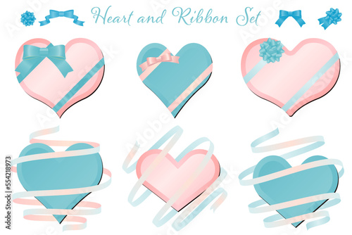 リボンとハートのフレーム 水色とピンク ベクターイラストレーションセット ホワイトデーにもおすすめ