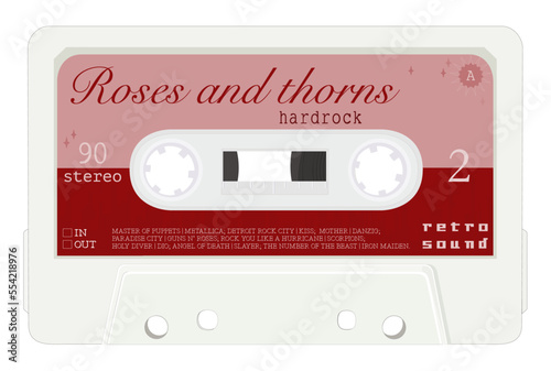 Retro music audio cassette. Realistic vector illustration on isolated white background. Vintage analog tape cassette stylization.
