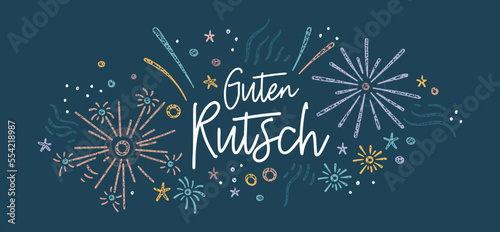 Cute hand drawn New Years banner with fireworks and German type saying 