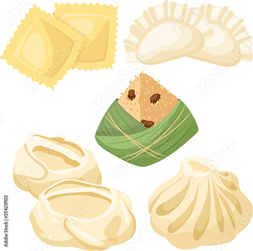 dumpling chinese set cartoon. gyoza fried, rice ravioli manti khinkali, korean asian food dumpling chinese vector illustration
