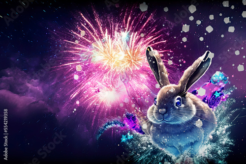 Happy Lunar New Year, 2023, chinese new year, astrology, watercolor style, rabbit celebrating new year, fireworks, red, explosions, illustration, digital