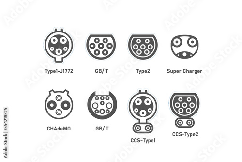 Type of EV electric vehicle charger plugs or sockets, Retro sticker design illustration concept , PNG file