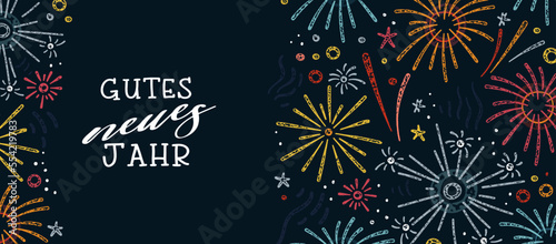 Cute hand drawn New Years banner with fireworks and German type saying "Happy New Year", great for banners, cards, invitations - vector design