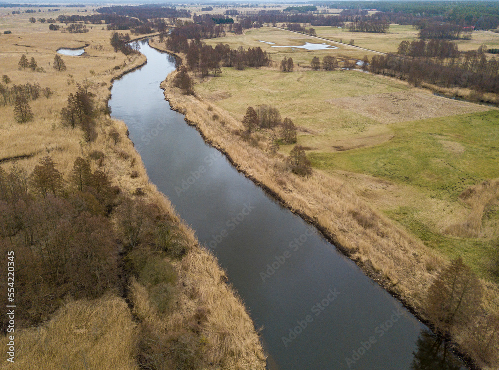 Ein Fluss fließt durch eine Graslandschaft mit einzelnen Bäumen in Großpolen (Luftbild/Drohnenfoto)