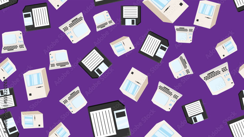 Seamless pattern endless computer with old retro computers, pc and vintage white hipster floppy disks from 70s, 80s, 90s isolated on purple background. Vector illustration