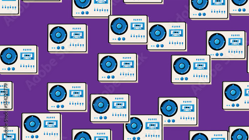 Seamless pattern endless with music audio cassette old retro tape recorders vintage hipster from 70s, 80s, 90s isolated on purple background. Vector illustration