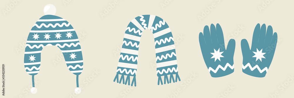 Obraz premium Set of warm ornate winter accessory, hat, scarf and gloves, flat style vector