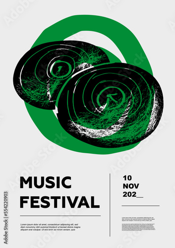 Cymbal, Drum. Music festival poster. Percussion musical instruments. Competition. A set of vector illustrations. Minimalistic design. Banner, flyer, cover, print. photo