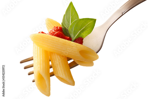 Penne rigate pasta with tomato sauce and basil on a fork isolated png