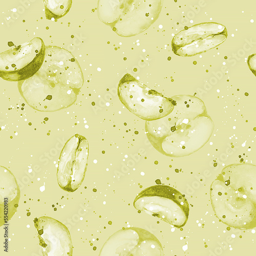 Apple slices painted in watercolor on an ocher color background and collected in a seamless pattern