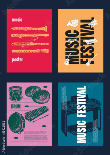 Guitar, horn, drum, piano. Music festival poster. Musical instruments. Competition. A set of vector illustrations. Minimalistic design. Banner, flyer, cover, print.