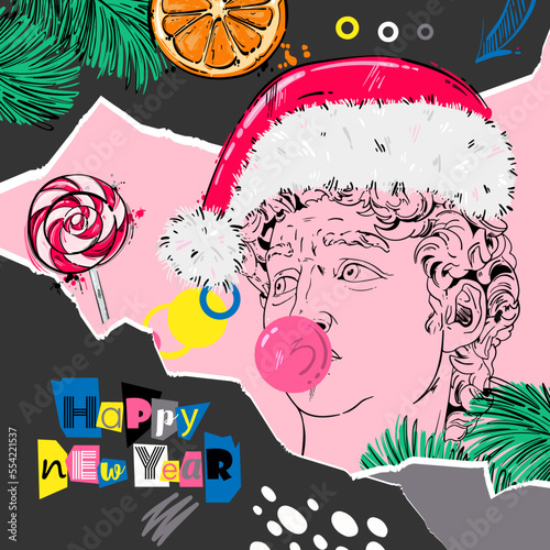Vector psychedelic illustration with Greek sculpture David in Santa Claus hat. Happy New Year. Abstract New Year banner in collage technique.