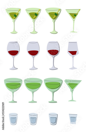 Martini red wine vermouth vodka shot glass on white background. Cartoon sketch graphic design. Doodle style. Colored hand drawn image. Party drink concept for restaurant, cafe, party. Freehand drawing