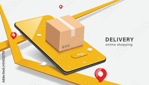 parcel box or carton Placed and displayed on yellow screen smartphone and all place on way GPS that pins location