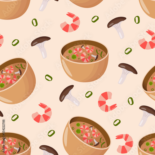 Seamless pattern with tom yum soup - with shrimp and mushrooms. Asian food. Flat style 
