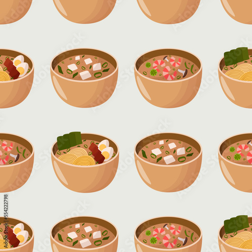 Seamless pattern with japanese soups - miso soup, ramen, tom yum. Japanese food. Flat style 